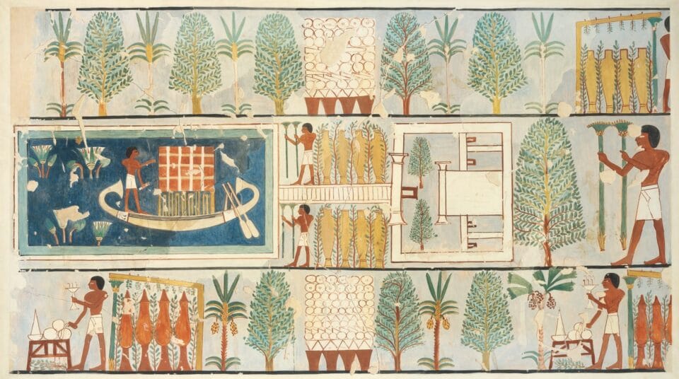 a painting on paper of an Egyptian funerary scene, recreated from an original tomb painting