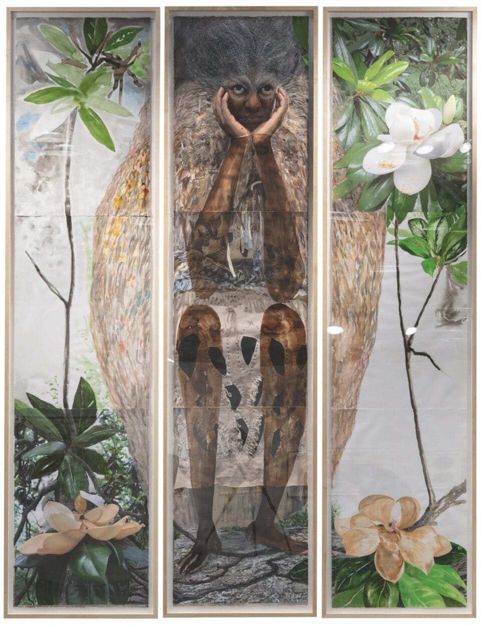 a mixed-media collage of a Black woman wearing a grass cloak, seated in a forest with her chin resting in her hands