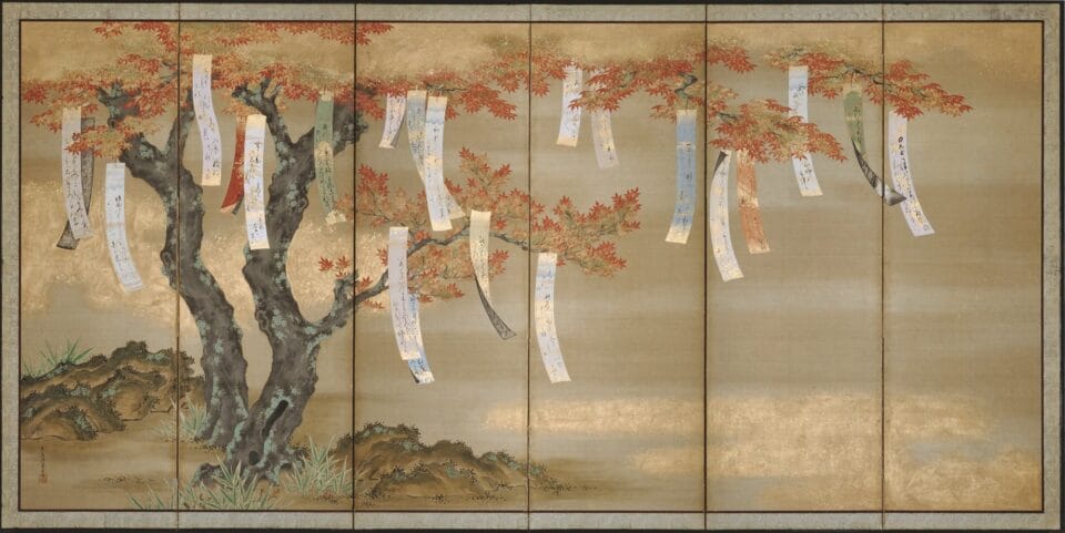 a 17th-century ink painting on silk depicting a tree with paper banners hanging from the branches