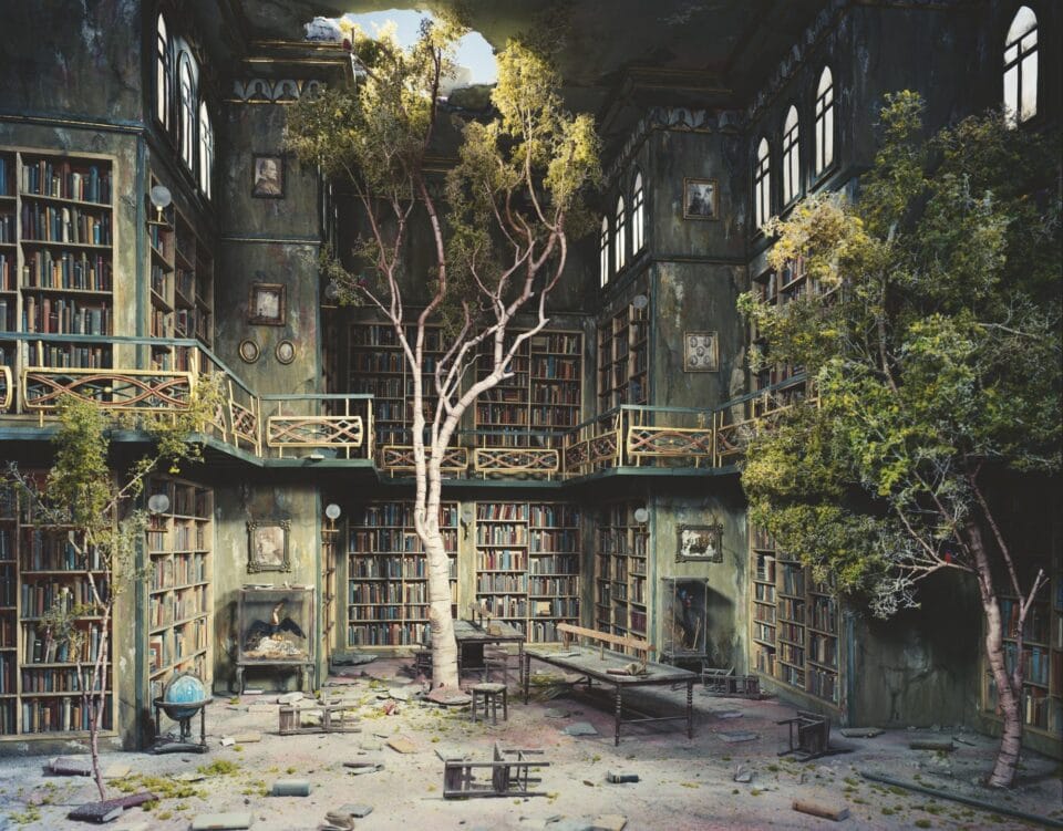 a photograph of a realistic miniature diorama of an old library that has been abandoned and is getting overgrown by trees and vines