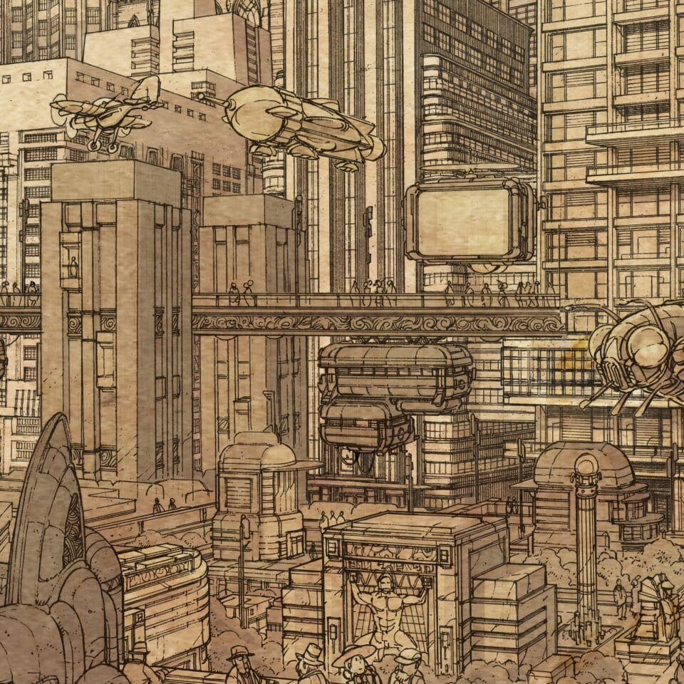 a detail image of a futuristic city with flying vehicles and elaborate architecture