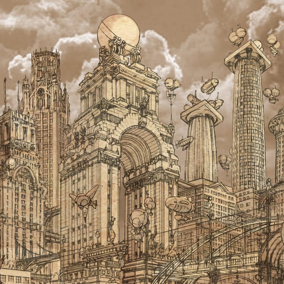 a detail image of a futuristic city with flying vehicles and elaborate architecture