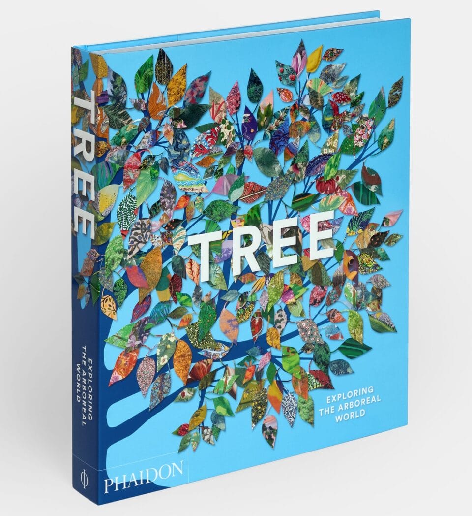 the cover of a book titled 'Tree' with a collage of a tree's leaves on a blue background