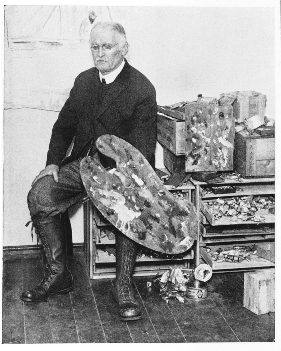 reproduction of photo of Edvard Munch holding his palette