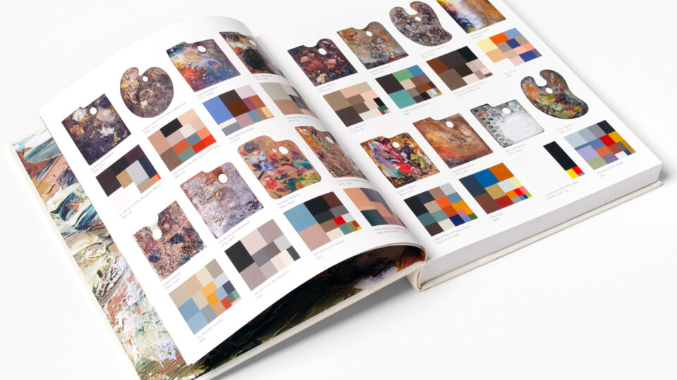 a spread of a book featuring artists' palettes, arranged in a grid with the palettes next to color swatches of the paint used