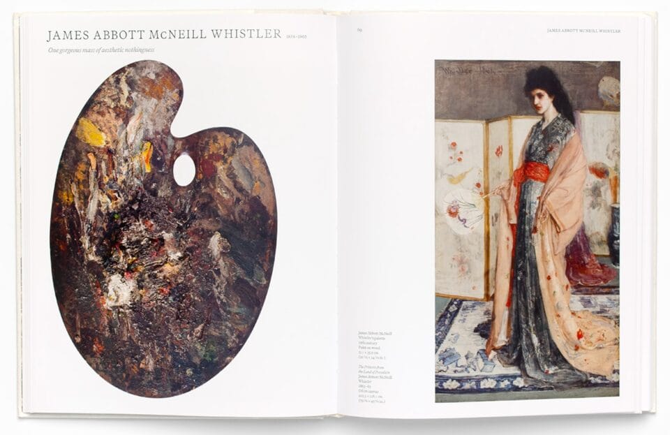 a spread of a book about artists' palettes showing J.A.M. Whistler's palette next to a painting