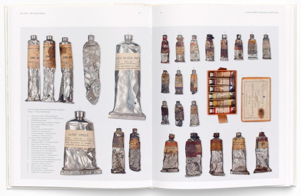 a spread of a book showing historic paint tubes used by artists