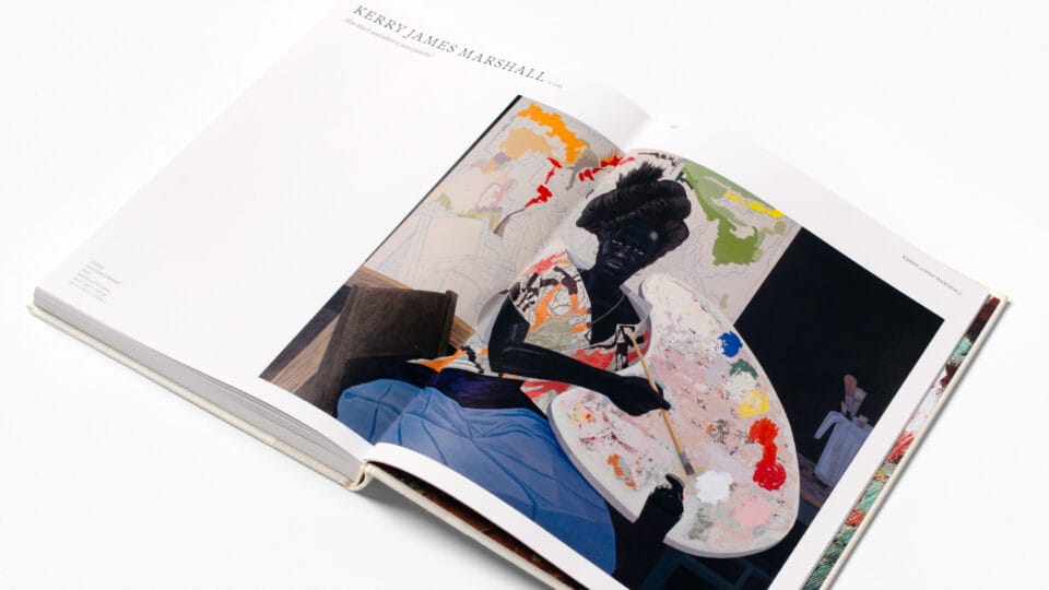 a spread of a book about artists' palettes showing a painting by Kerry James Marshall of a Black woman holding a large palette