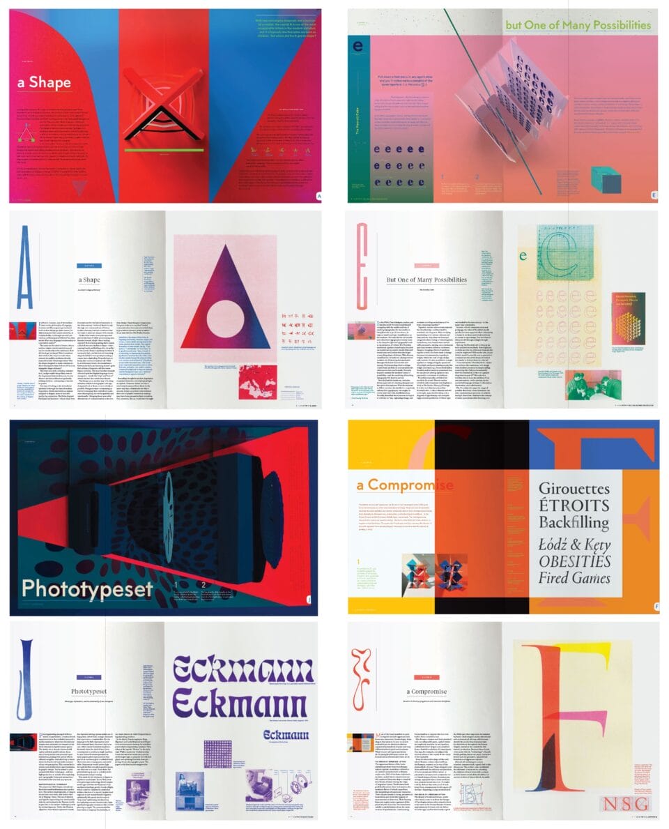 a grid of eight images showing spreads from a book about letter form design