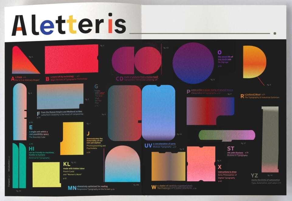 a spread from a book about letter form, with colorful text on top reading 'Aletteris' and numerous colorful shapes in a black field below