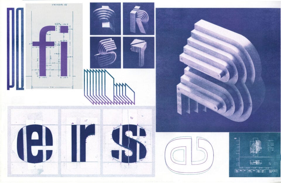 a spread from a book about letter form, showing different shapes in 2D and 3D like the letters "fi" and "ers"