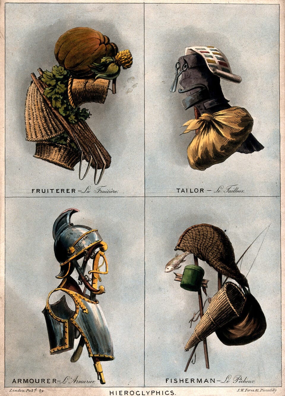 a page of aquatint illustrations portraying four composite heads: a fruiterer, a tailor, an armourer and a fisherman made of their respective instruments