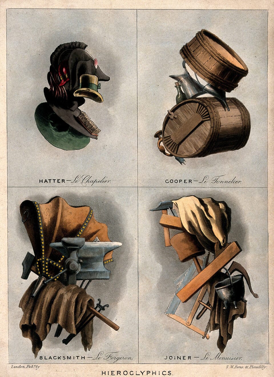 a page of aquatint illustrations portraying four composite heads: a florist, a writer, a musician and a barber made of their respective instruments