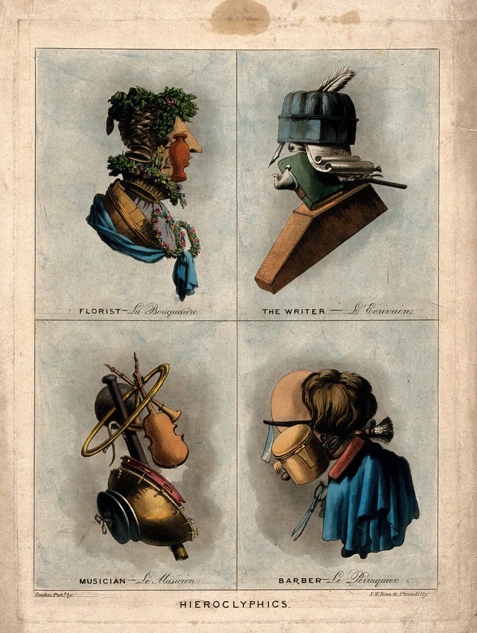 a page of aquatint illustrations portraying four composite heads: a florist, a writer, a musician and a barber made of their respective instruments